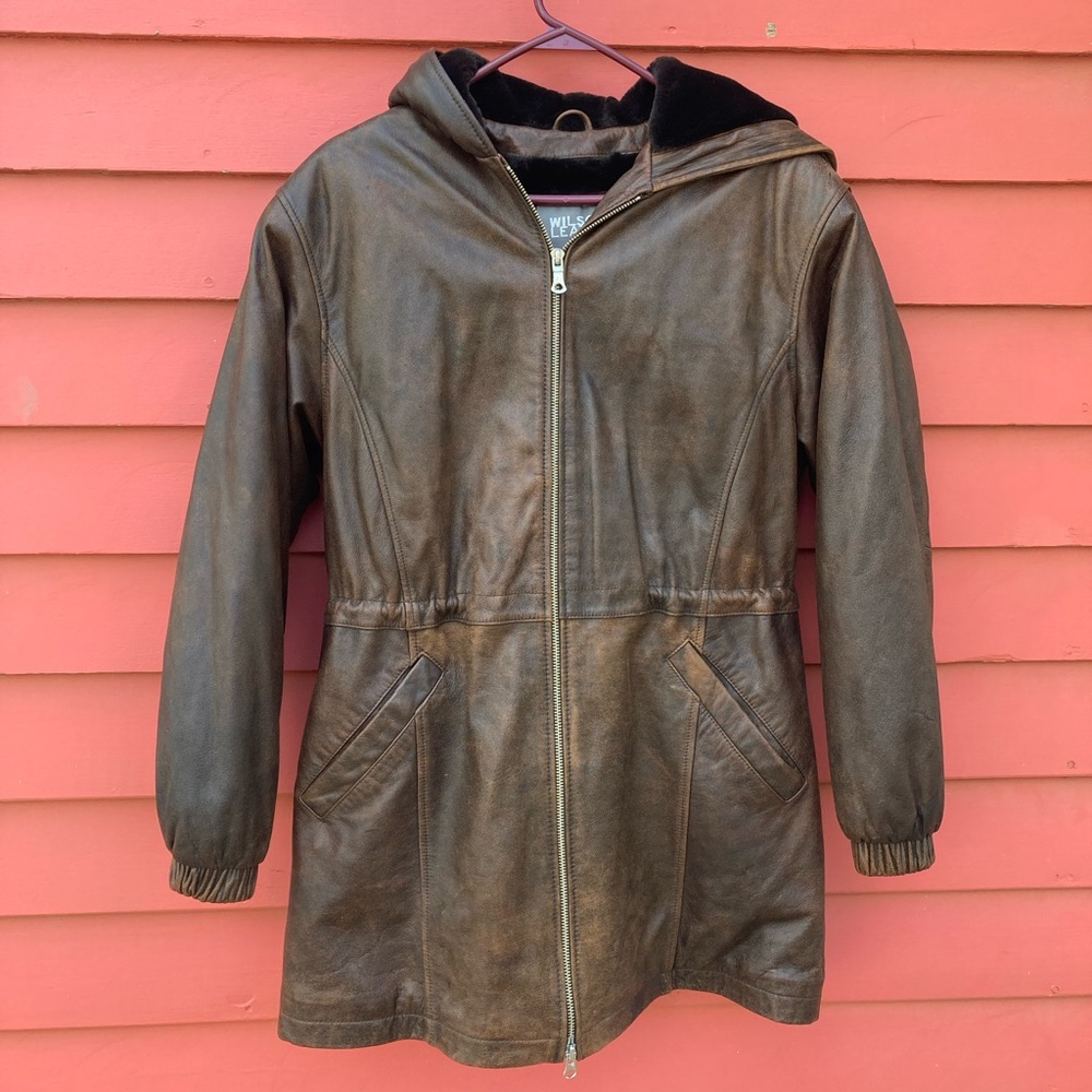 Wilsons Leather Jacket Coat Drawstring Zipper w Hood Fur Lining Size Small (EXC)
